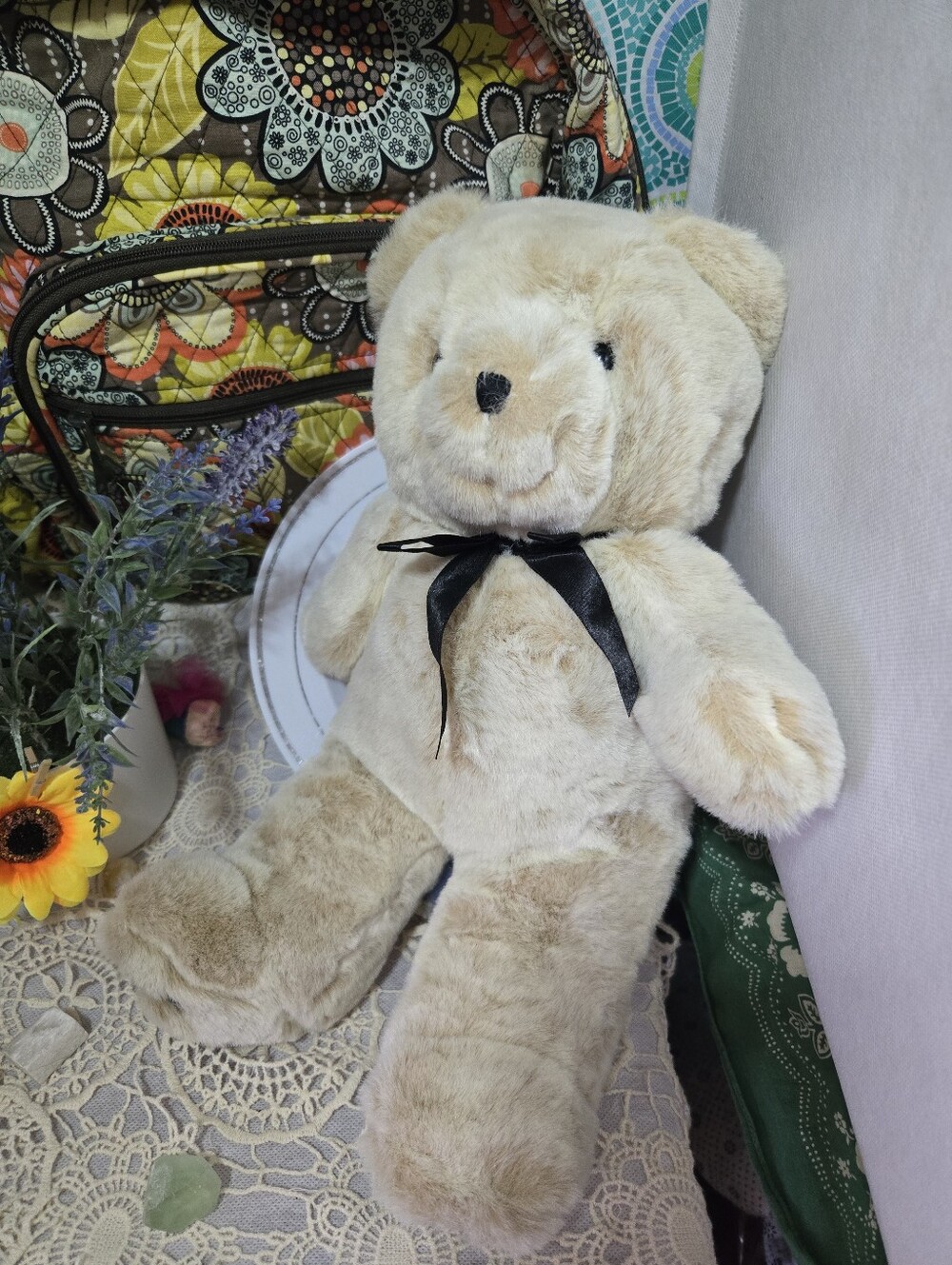 4/$15 Vintage Styl Cream Teddy Bear Plush 13" Black Ribbon Bow Cottagecore Decor